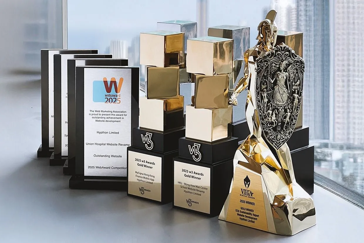 Hypthon's WebAward, W3 Awards, and Vega Digital Awards trophies